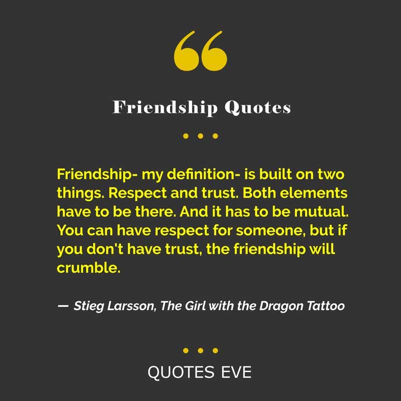 Friendship- my definition- is built on two things. Respect and trust. Both elements have to be there. And it has to be mutual. You can have respect for someone, but if you don't have trust, the friendship will crumble.
― Stieg Larsson, The Girl with the Dragon Tattoo