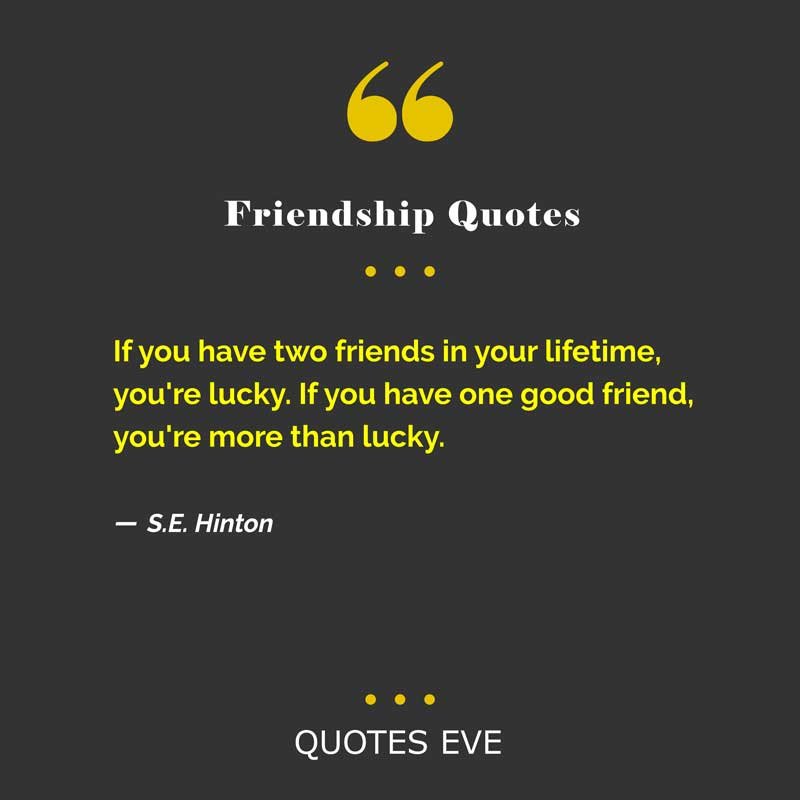 If you have two friends in your lifetime, you're lucky. If you have one good friend, you're more than lucky.”
― S.E. Hinton